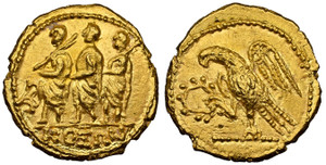 1080234 GREEK. THRACIAN DYNASTS. Coson (Koson/Cotison). Struck after 54 BC. AV Stater. NGC Ch. MS✭ (Choice Mint State ✭) Strike 5/5 Surface 5/5.  Sarmatia, Olbia. 18mm. 8.57gm. Roman consul (L. Junius Brutus) walking left, accompanied by two licto...