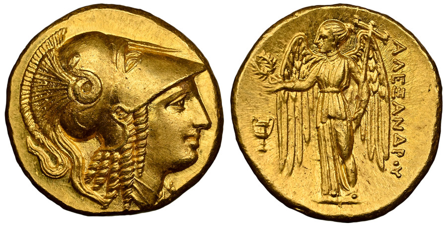 1080269 GREEK. KINGDOM OF MACEDON. Alexander III, 'the Great'. (King, 336-323 BC). Late lifetime-early posthumous issue, struck circa 323-320 BC. AV Stater. NGC Ch. MS (Choice Mint State) Strike 5/5 Surface 5/5.  Amphipolis. 8.61gm. Helmeted head ...