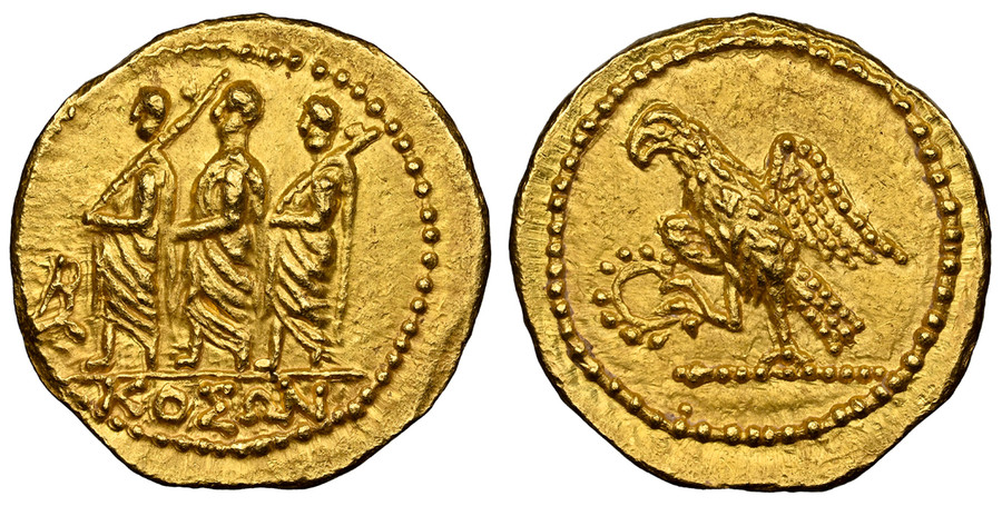 1080235 GREEK. THRACIAN DYNASTS. Coson (Koson/Cotison). Struck after 54 BC. AV Stater. NGC Ch. MS (Choice Mint State) Strike 5/5 Surface 5/5.  Sarmatia, Olbia. 20mm. 8.37gm. Roman consul (L. Junius Brutus) walking left, accompanied by two lictors ...