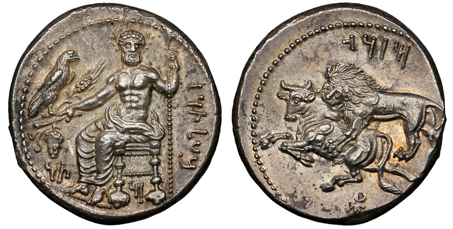 1080271 GREEK. CILICIA. Tarsus. Mazaeus (Mazaios). (Satrap, circa 361-328 BC). Struck circa 361-344 BC. AR Stater. NGC MS (Mint State) Strike 5/5 Surface 4/5 Fine Style.  10.93gm. Baal of Tarsos seated left on throne, holding eagle, grain ear, gra...