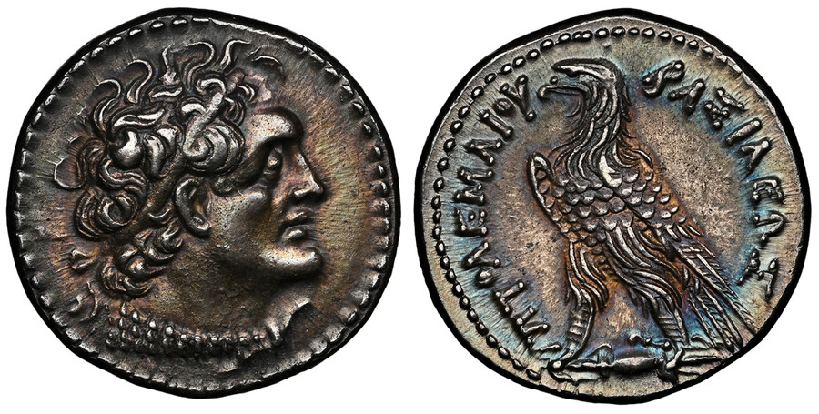 1080272 GREEK. PTOLEMAIC KINGS OF EGYPT. Ptolemy VI. Struck circa 180-145 BC. AR Tetradrachm. NGC Ch. AU✭ (Choice About Uncirculated ✭) Strike 5/5 Surface 5/5.  Alexandreia Mint. 14.03gm. Diademed head of Ptolemy I right, wearing aegis around neck...