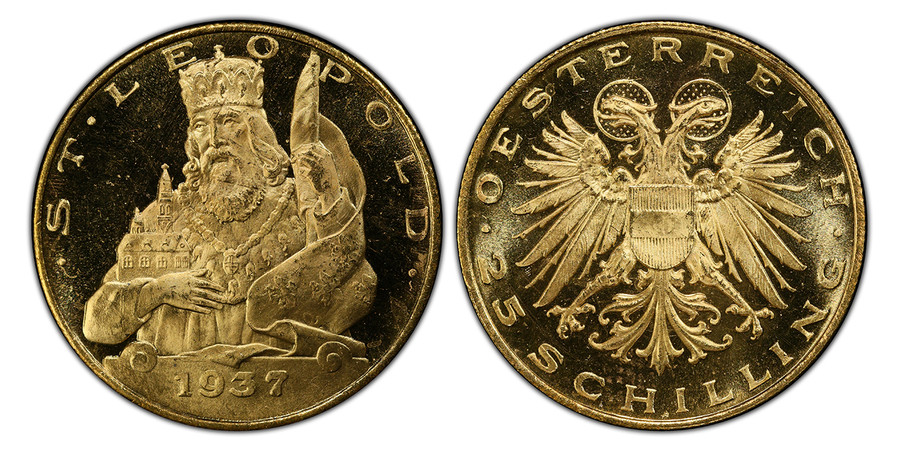 1080400 AUSTRIA. 1937 AV 25 Schilling. PCGS PL65 Prooflike.  Haloed double eagle with Austrian shield on breast, value below / Half figure of St. Leopold, facing 3/4 forward, date at bottom. KM 2856. Prooflike; Fr.-524.

From a reported mintage of...