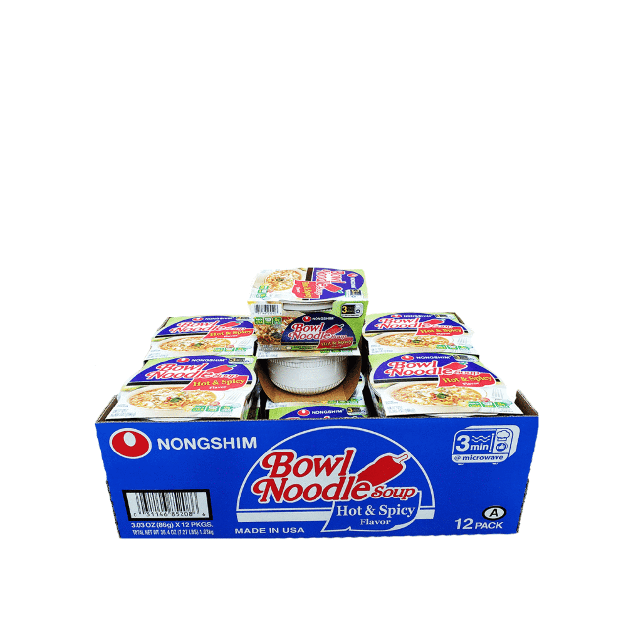 Nongshim Bowl Noodle Soup Hot & Spicy , 1 Case (12 bowls), 36.4oz