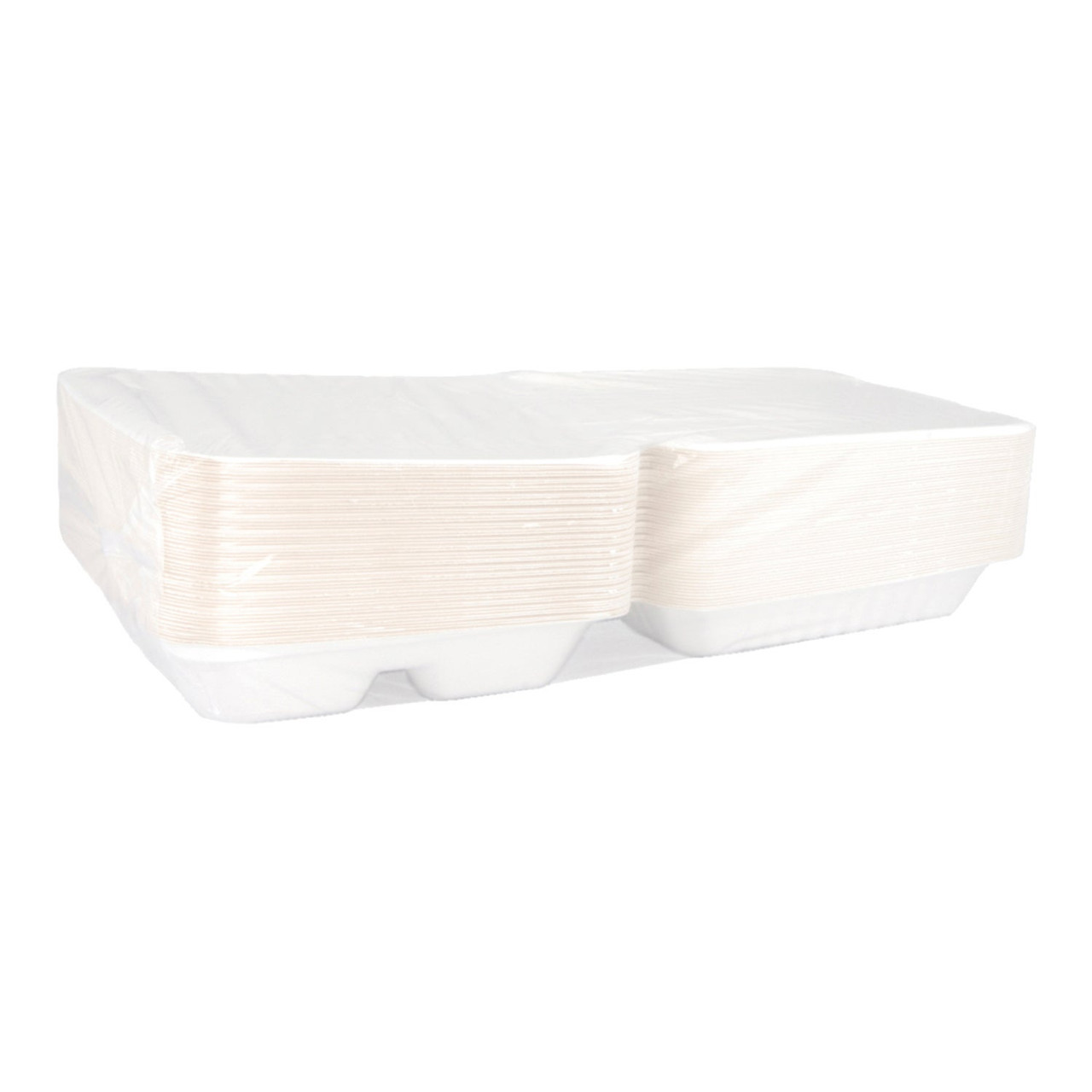 Gordon Choice 50oz 3 Compartment Hinged White Bagasse Paper Containers, 9X9X2.5In, Ecology Friendly | 50UN/Unit, 4 Units/Case