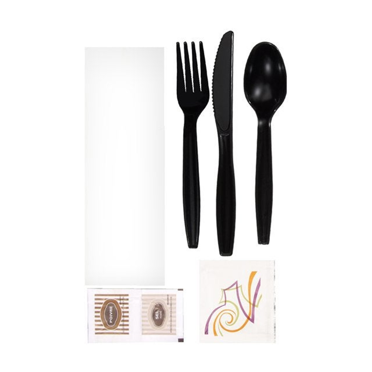 Choice Medium Weight Black Wrapped Plastic Cutlery Set with Napkin and Salt  and Pepper Packets - 250/Case