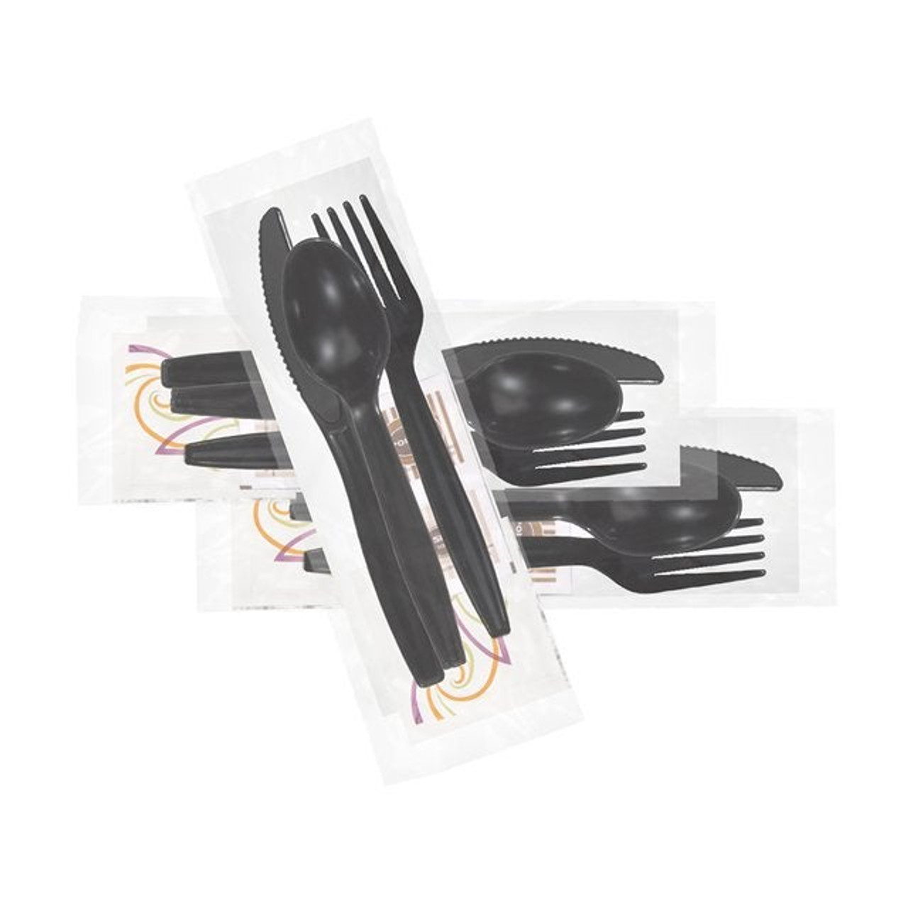 Gordon Choice Black Plastic Cutlery Kits, 7 Piece, Fork, Knife, Soup Spoon, Napkin, Wn, Salt, Pepper | 500UN/Unit, 1 Unit/Case