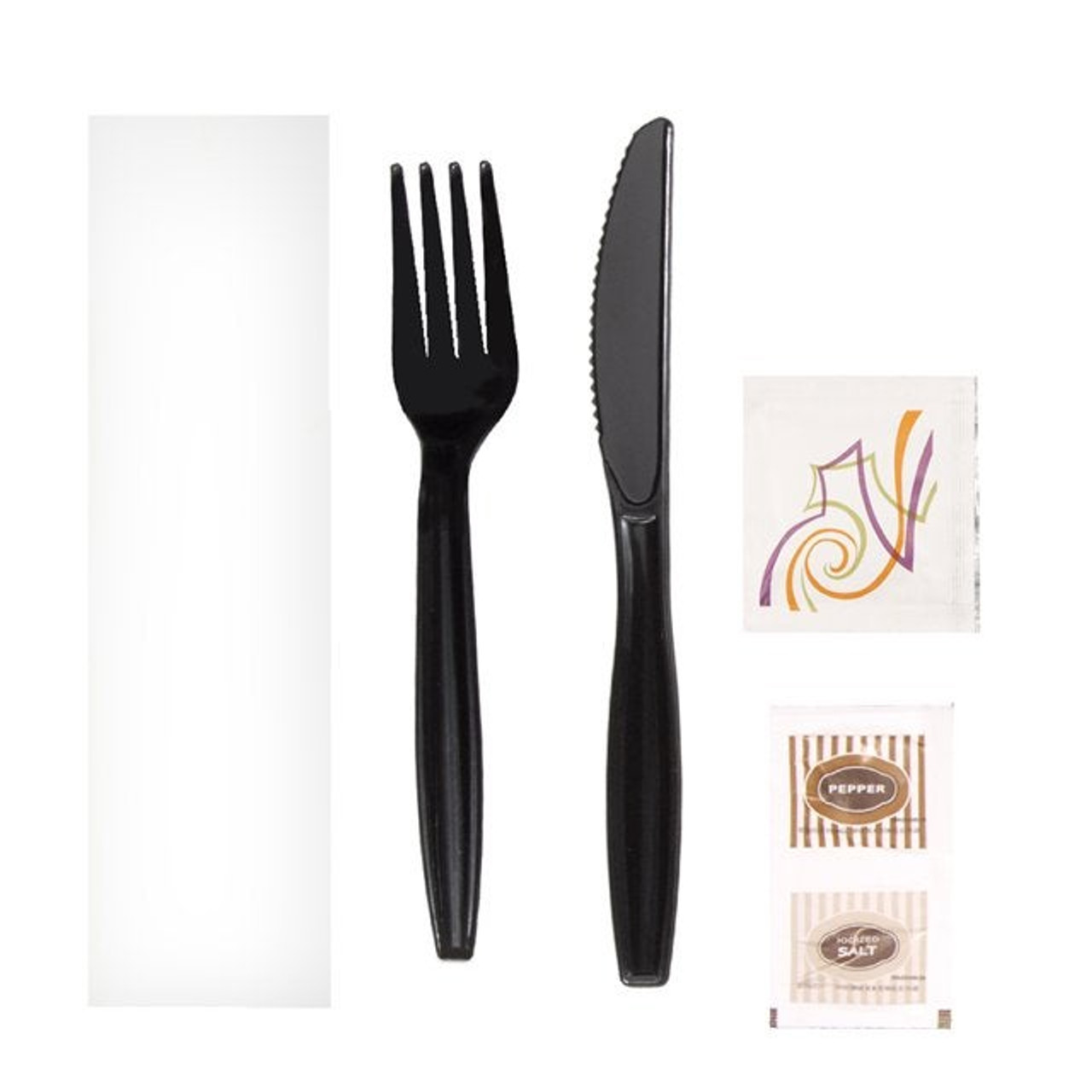 Gordon Choice Black Plastic Cutlery Kits, 6 Piece, Fork, Knife, Napkin, Wn, Salt, Pepper | 250UN/Unit, 1 Unit/Case