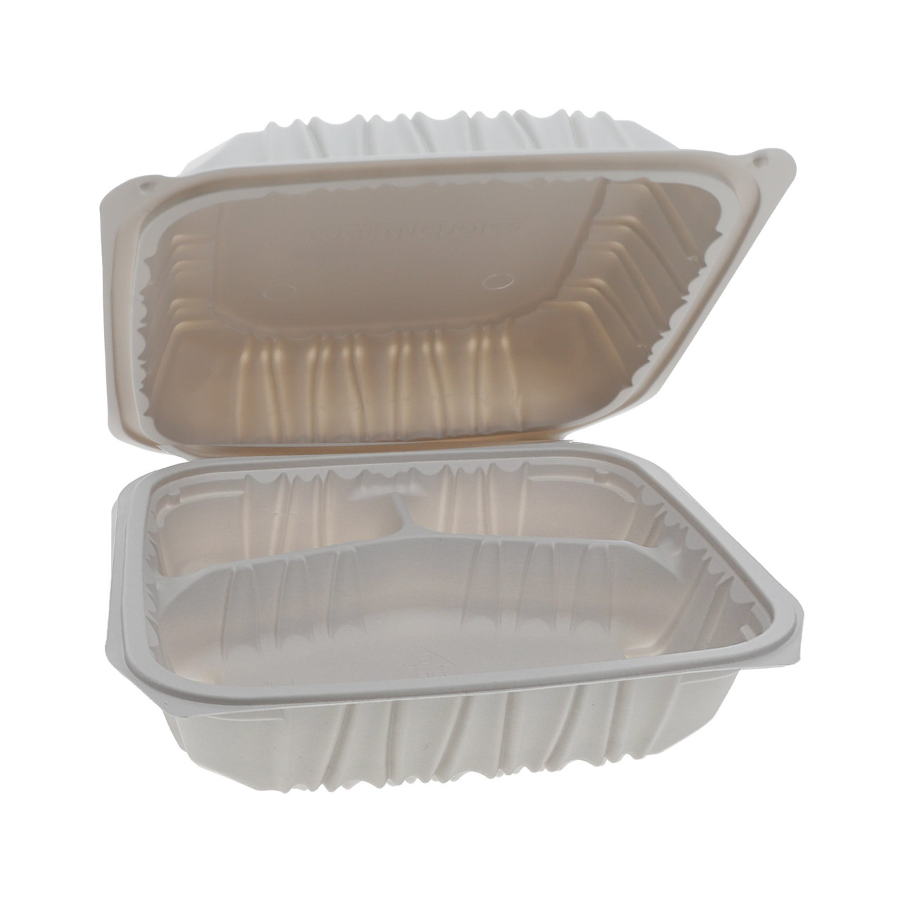 3-Compartment Microwaveable White Hinged Take-Out Container - 8 x 8