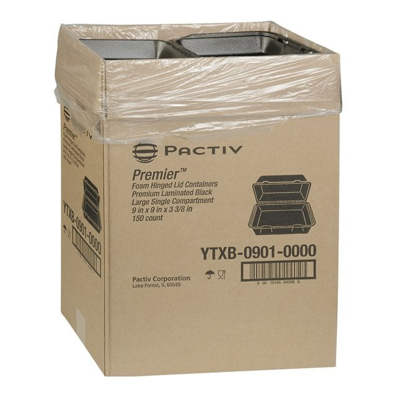 Pactiv 1 Compartment Hinged Black Foam Containers, 9 X 9 X 3.38In | 150UN/Unit, 1 Unit/Case