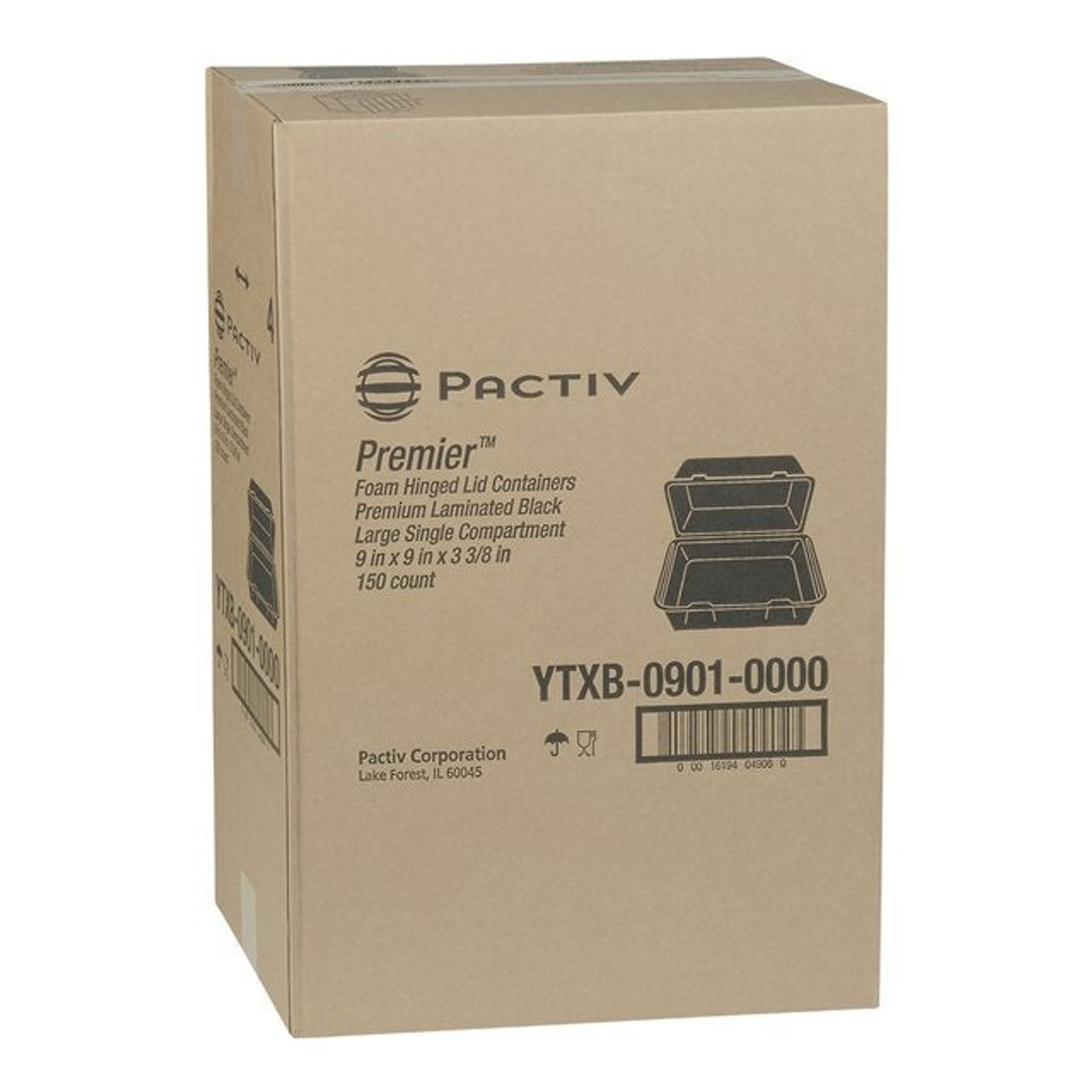 Pactiv 1 Compartment Hinged Black Foam Containers, 9 X 9 X 3.38In | 150UN/Unit, 1 Unit/Case