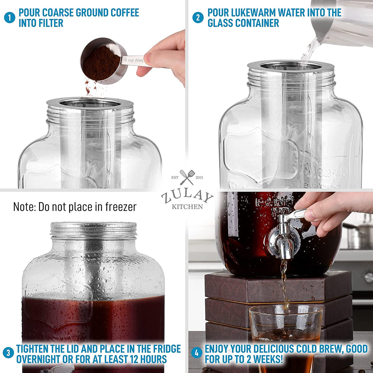 1 Gallon Cold Brew Coffee Maker with EXTRA-THICK Glass Carafe & Stainless  Steel Mesh Filter 