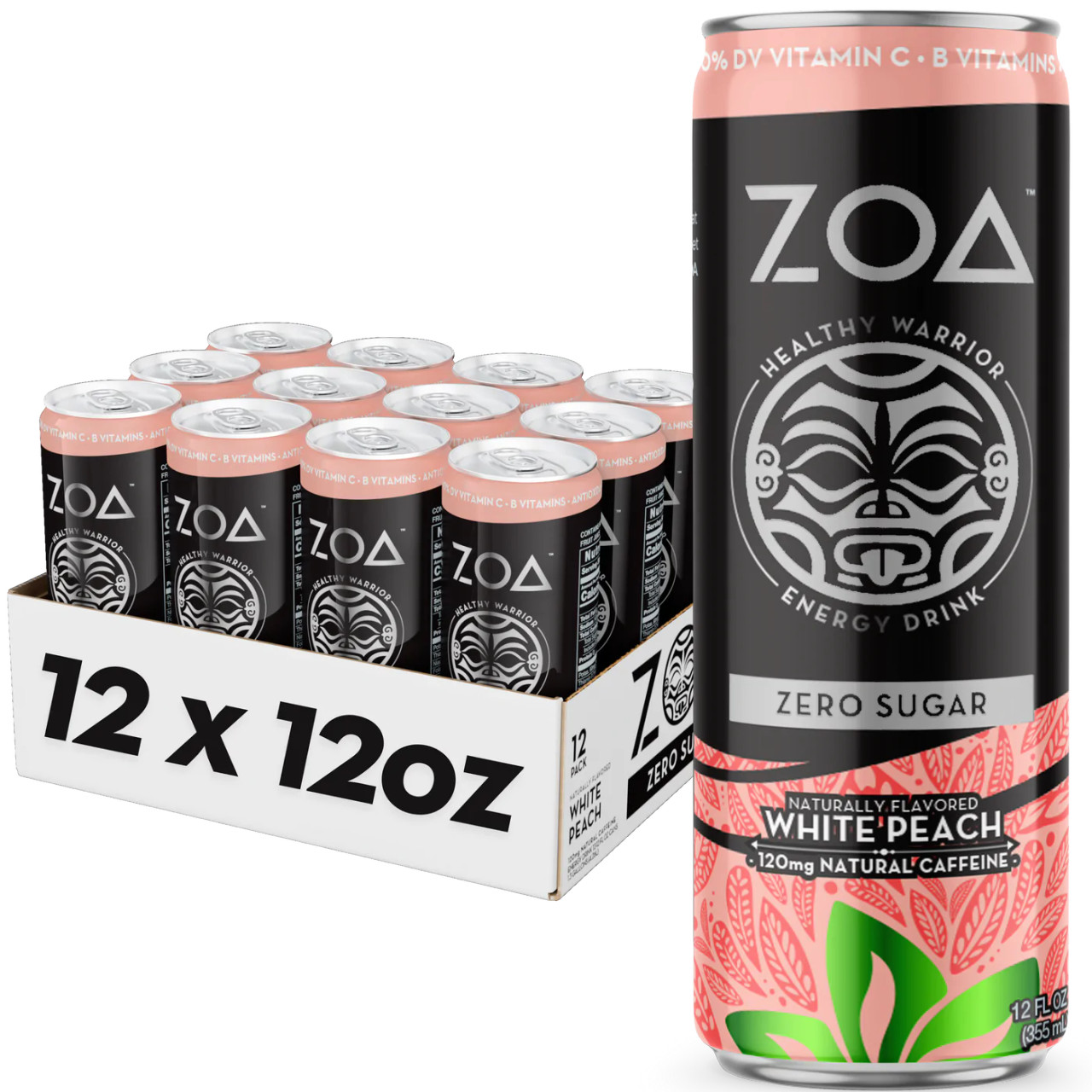 ZOA ZERO SUGAR ENERGY DRINK White Peach 12oz/355ml (12/Pack)