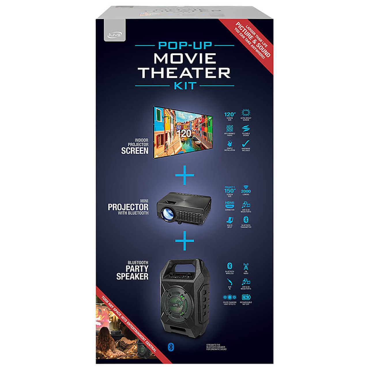 ILIVE Pop-Up Movie Theater Kit-  Projector, Bluetooth speaker & 120" diagonal screen 