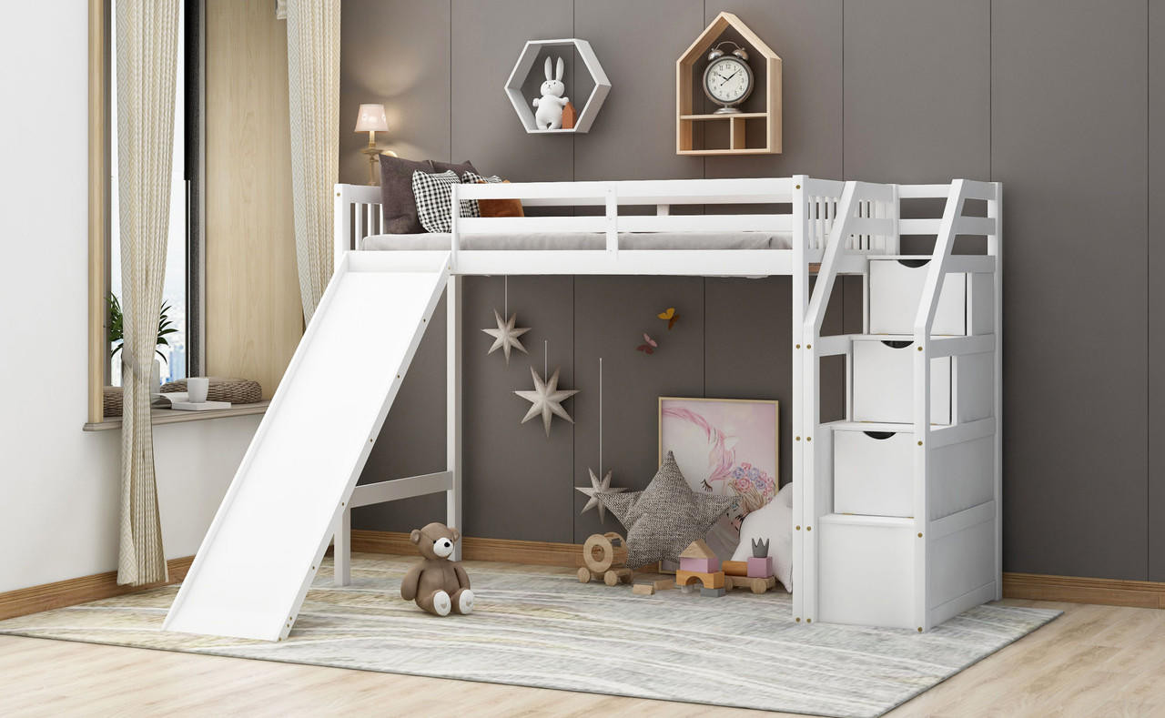 Chicken Pieces Twin Size Loft Bed with Storage and Slide - Space-Saving and Fun for Kids 