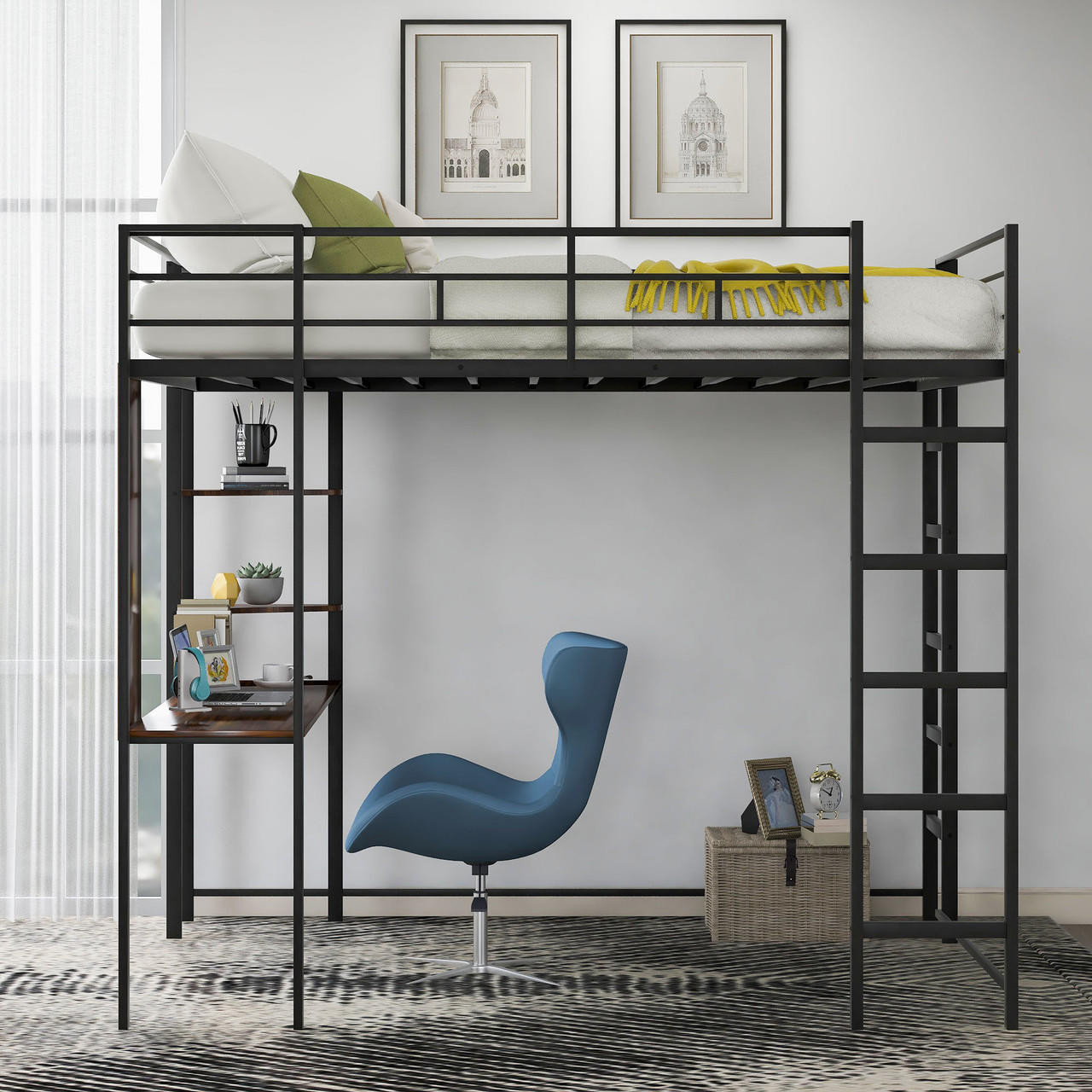 Chicken Pieces Full Size Metal Loft Bed with 2 Shelves and one Desk | Modern Space-Saving Design 