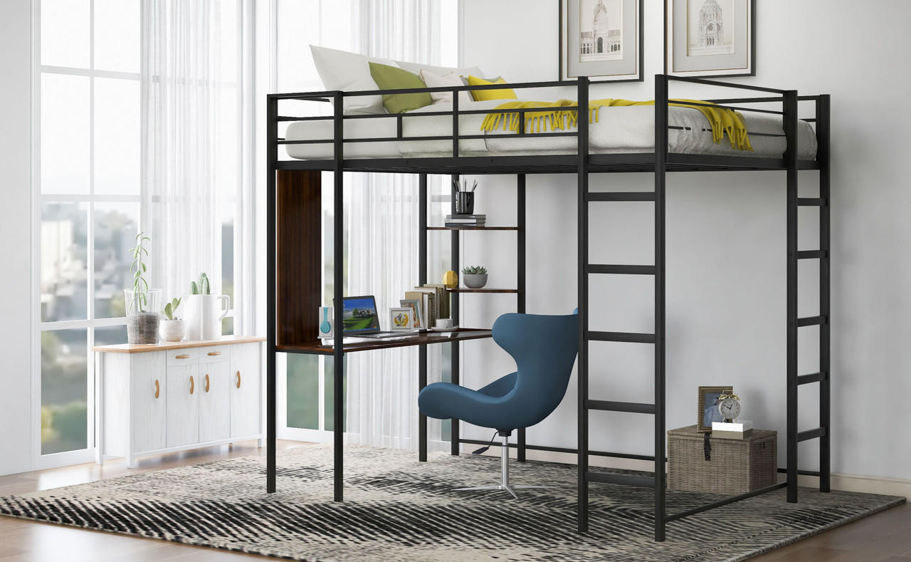 Chicken Pieces Full Size Metal Loft Bed with 2 Shelves and one Desk | Modern Space-Saving Design 