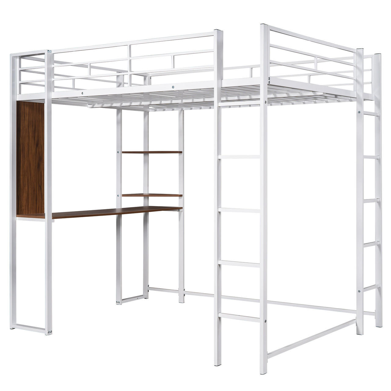 Chicken Pieces Full Size Metal Loft Bed with 2 Shelves and one Desk | Modern Space-Saving Design 