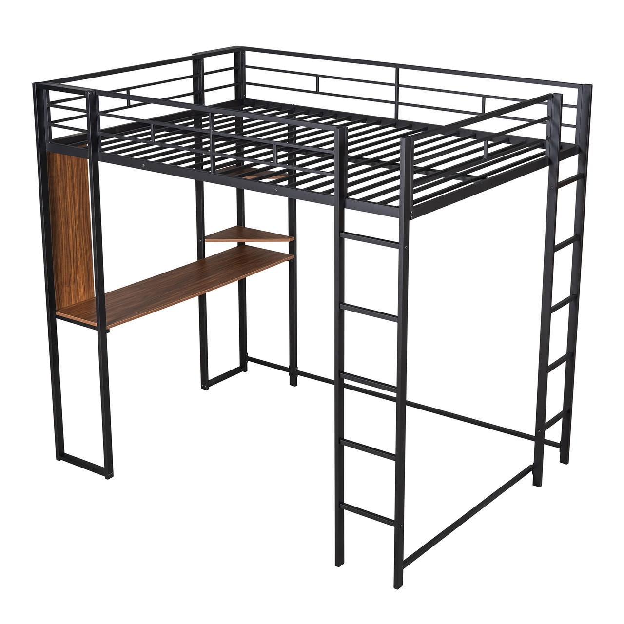 Chicken Pieces Full Size Metal Loft Bed with 2 Shelves and one Desk | Modern Space-Saving Design 