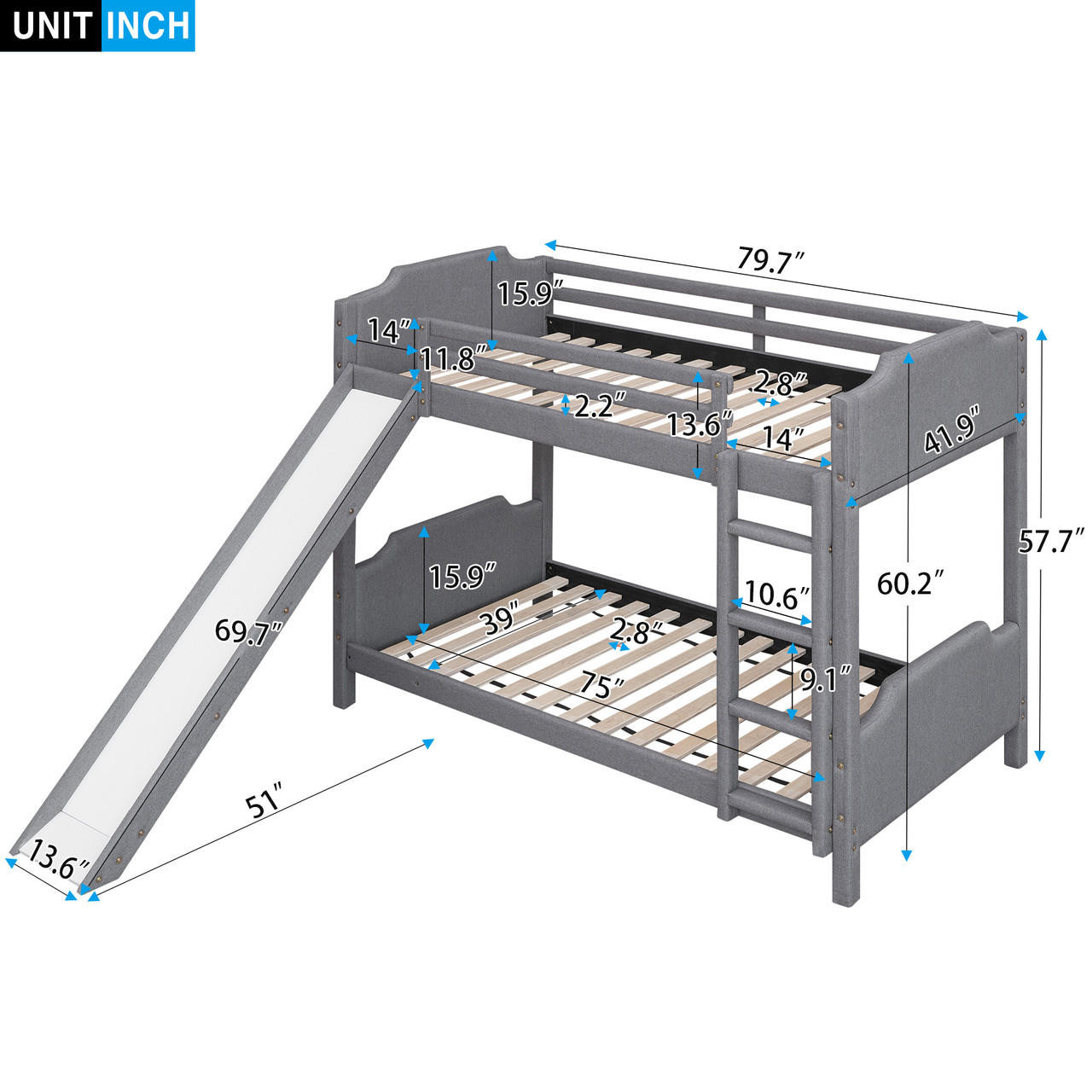 Chicken Pieces Twin over Twin Size Upholstery Bunk Bed with Convertible Slide and Ladder; Headboard and Footboard 