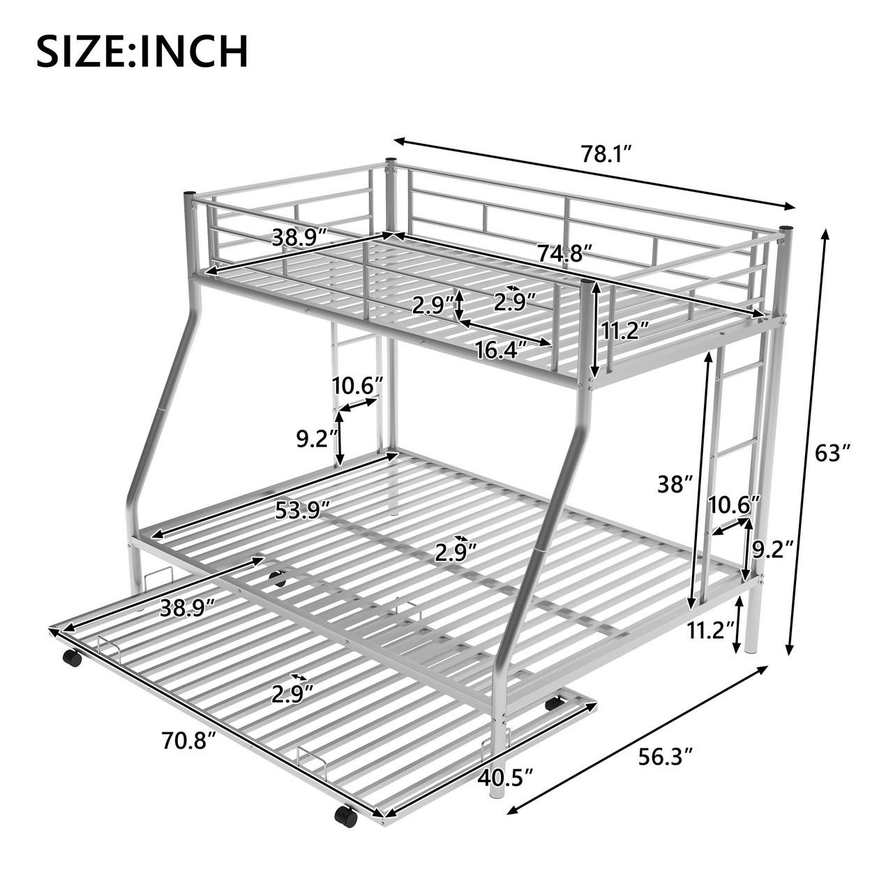 Chicken Pieces Twin over Full Bed with Trundle - Sturdy Steel Frame and Two-Side Ladders 