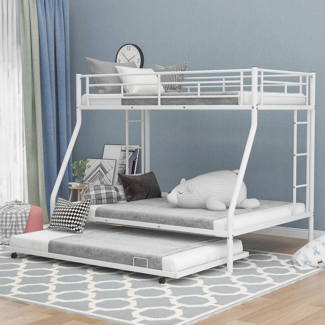 Chicken Pieces Twin over Full Bed with Trundle - Sturdy Steel Frame and Two-Side Ladders 