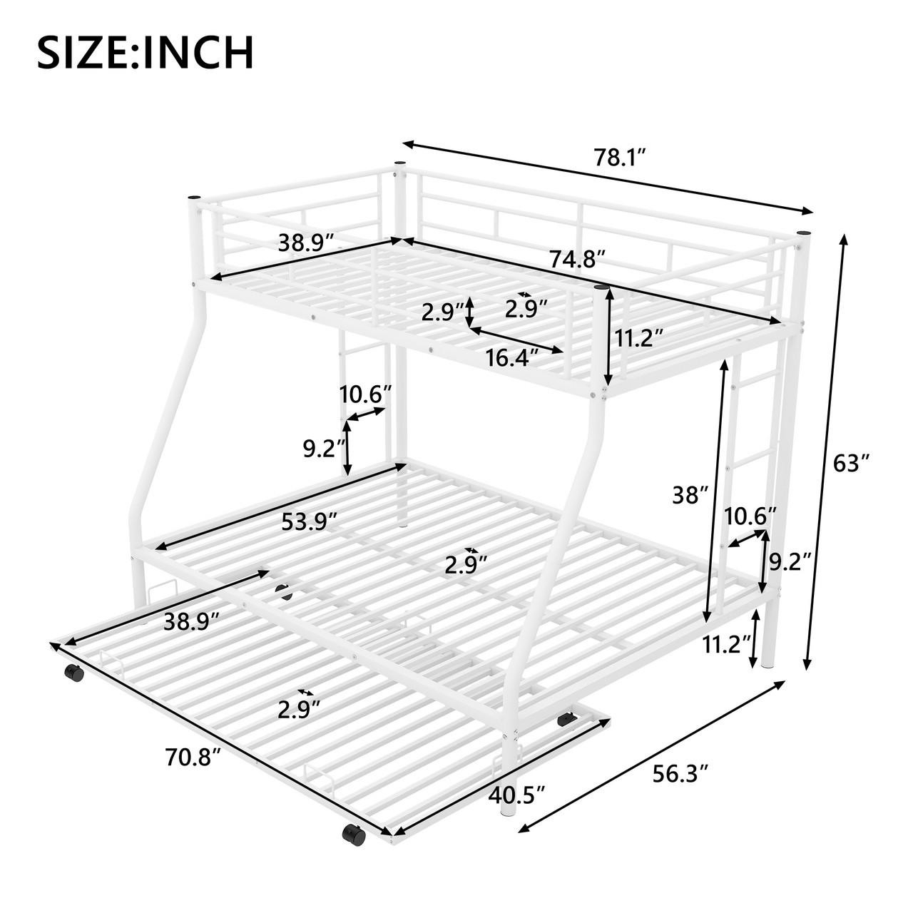 Chicken Pieces Twin over Full Bed with Trundle - Sturdy Steel Frame and Two-Side Ladders 