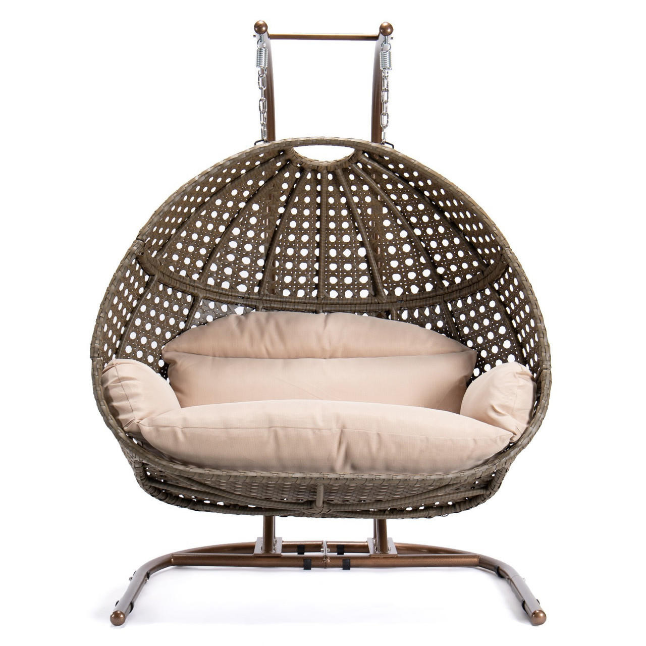 Chicken Pieces Brown Wicker Hanging Double-Seat Swing Chair with Stand w/Beige Cushion  