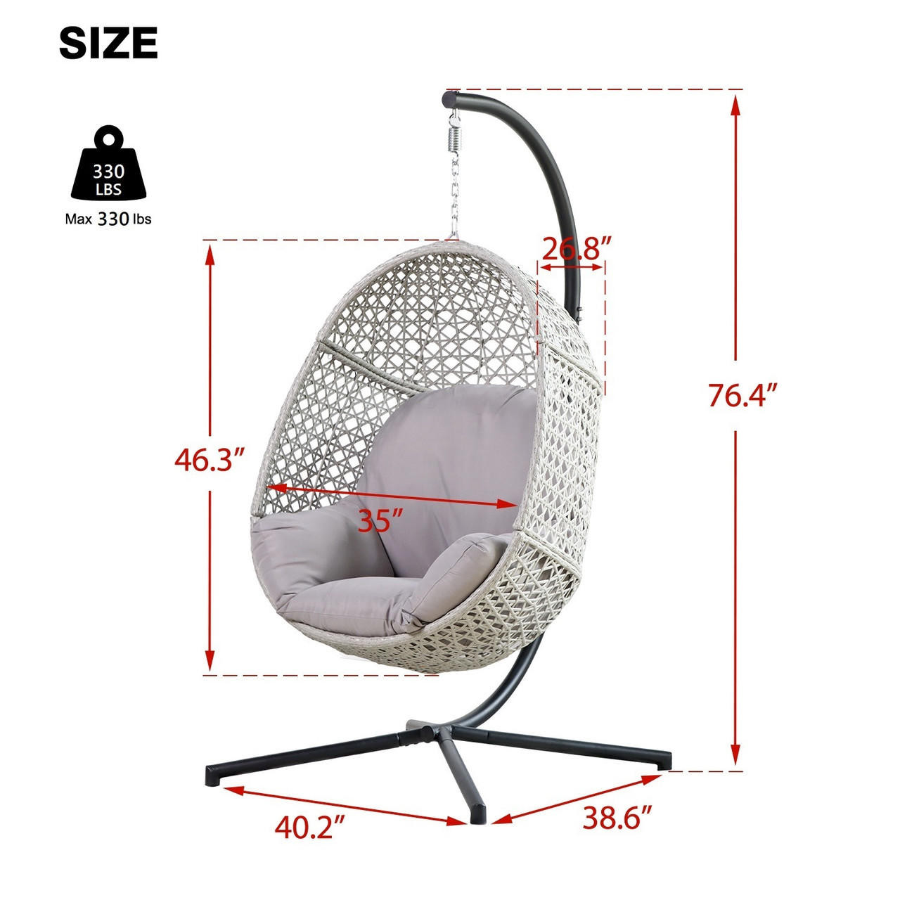 Chicken Pieces Large Hanging Egg Chair with Metal Stand and All in One Cushion - Grey 