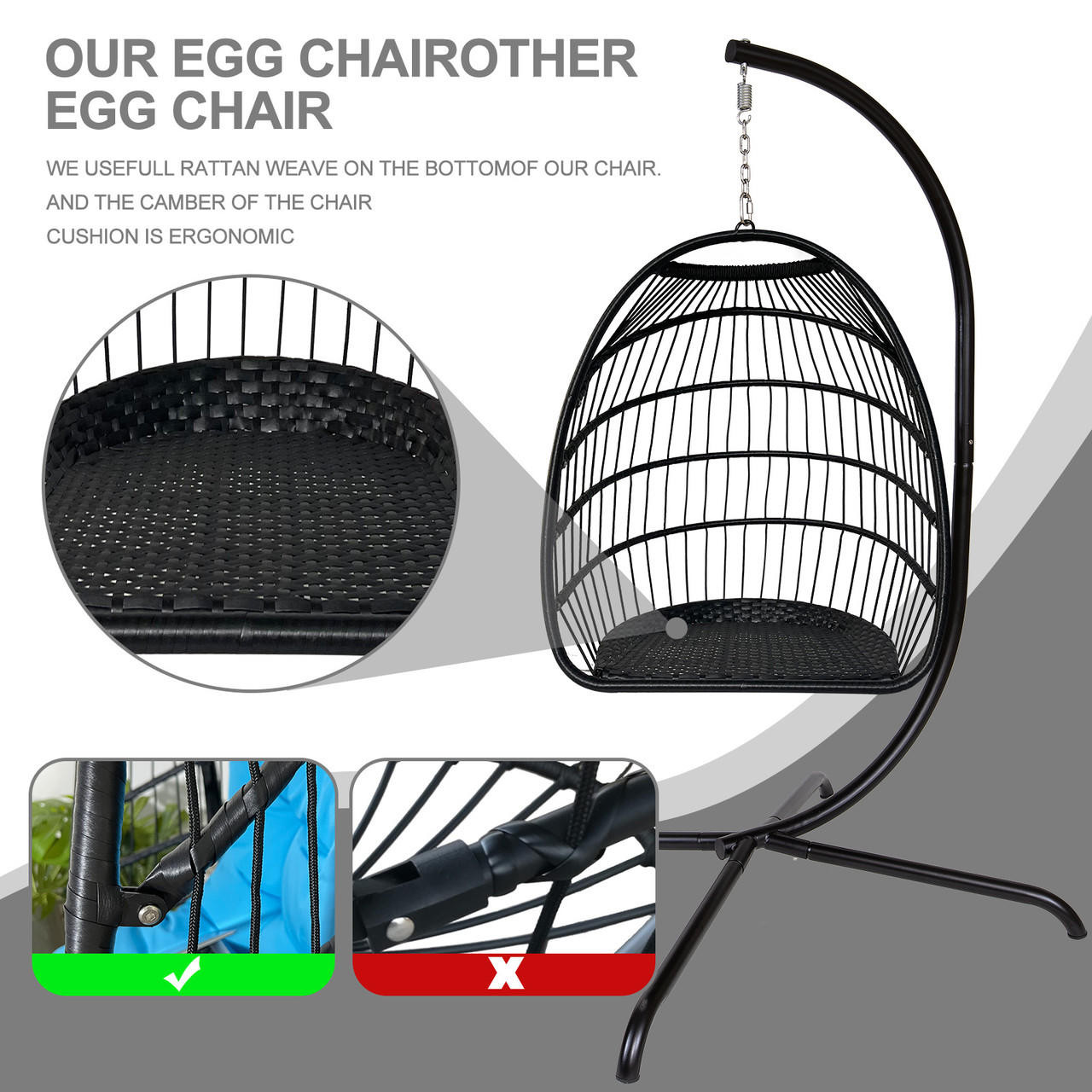 Chicken Pieces Swing Egg Hanging Chair with Cushion, Pillow & Stand for Indoor/Outdoor Use 