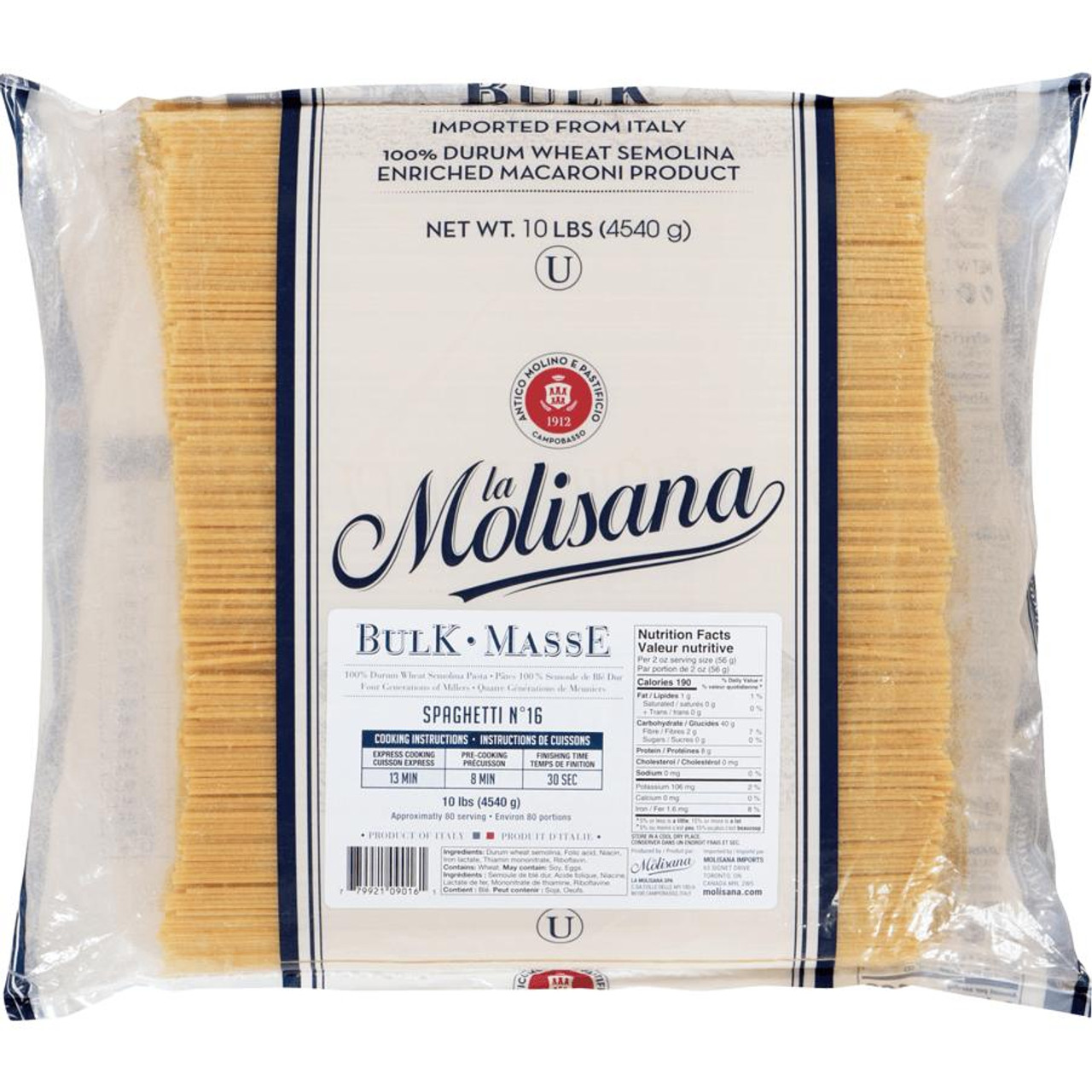 MOLISANA Molisana No.16 Spaghetti Bulk 10lbs - Premium 100% Durum Wheat Semolina Pasta 