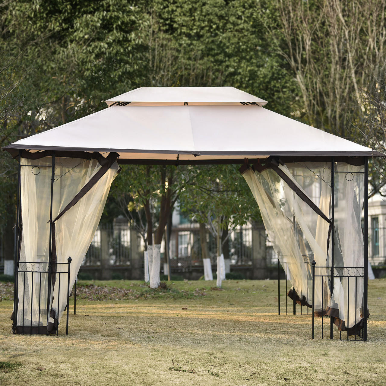 Chicken Pieces Iron Patio Outdoor Gazebo - Double Roof Canopy with Mosquito Netting | 13 Ft. W x 9.7 Ft. D  