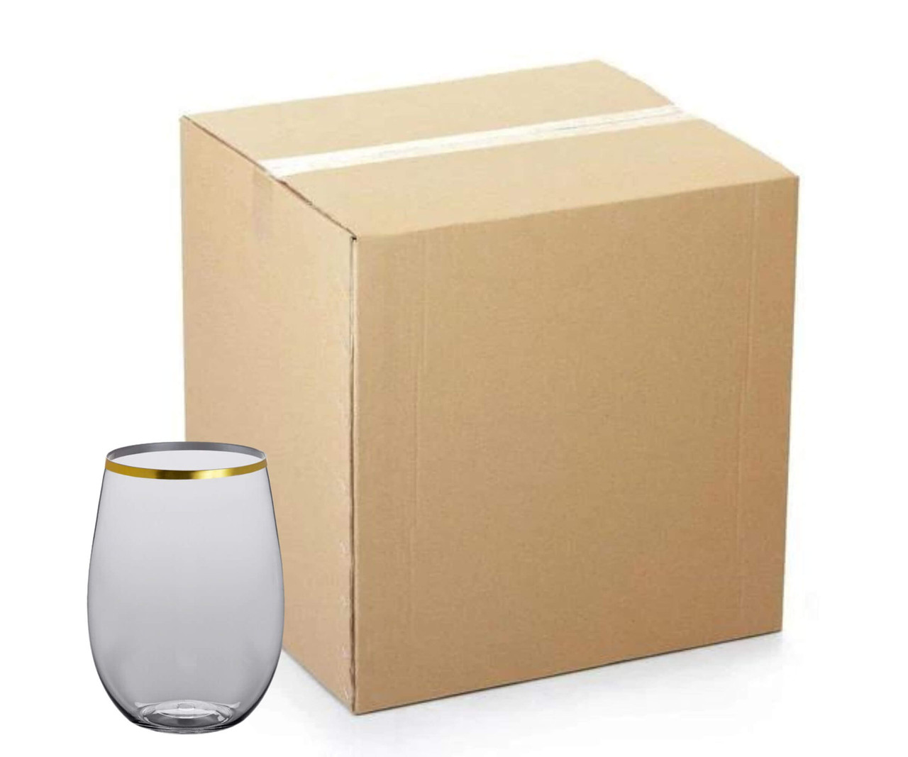 CP 16 oz. Heavy Weight Clear Plastic Stemless Wine Glass with Gold Rim - 64/Case | Sip Wine in Elegance with Gold-Rimmed Stemless Glasses-Chicken Pieces