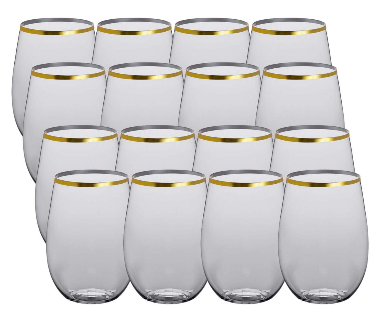 Chicken Pieces CP 16 oz. Heavy Weight Clear Plastic Stemless Wine Glass with Gold Rim - 16/Pack | Sip Wine in Elegance with Gold Rimmed Stemless Glasses 