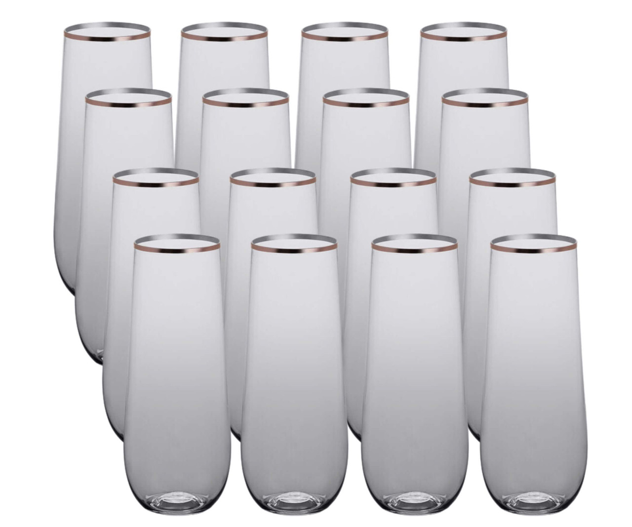 CP 9 oz. Heavy Weight Clear Plastic Stemless Champagne Flute with Rose Gold Rim - 16/Pack | Toast in Elegance with Rose Gold-Rimmed Stemless Flutes-Chicken Pieces