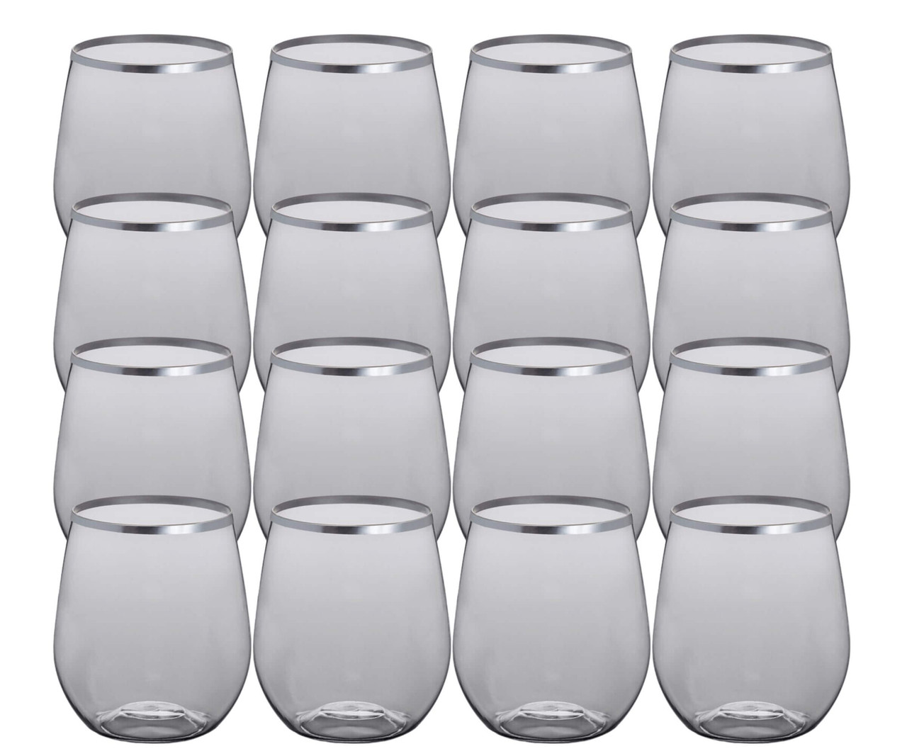 CP 12 oz. Heavy Weight Clear Plastic Stemless Wine Glass with Silver Rim - 16/Pack-Chicken Pieces