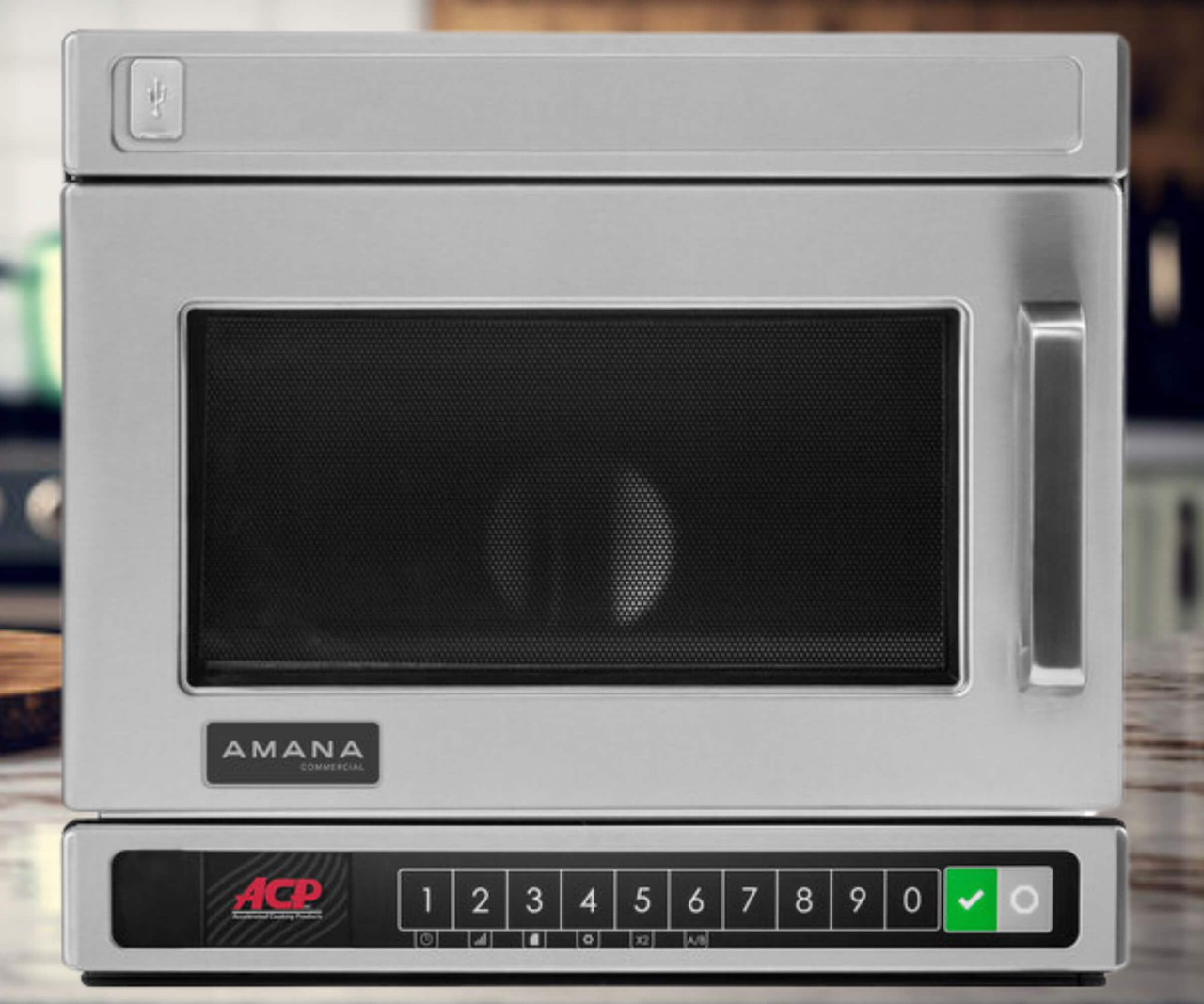 Amana Heavy-Duty Stainless Steel Compact Commercial Microwave - 120V, 1200W | Space-Saving Power and Precision