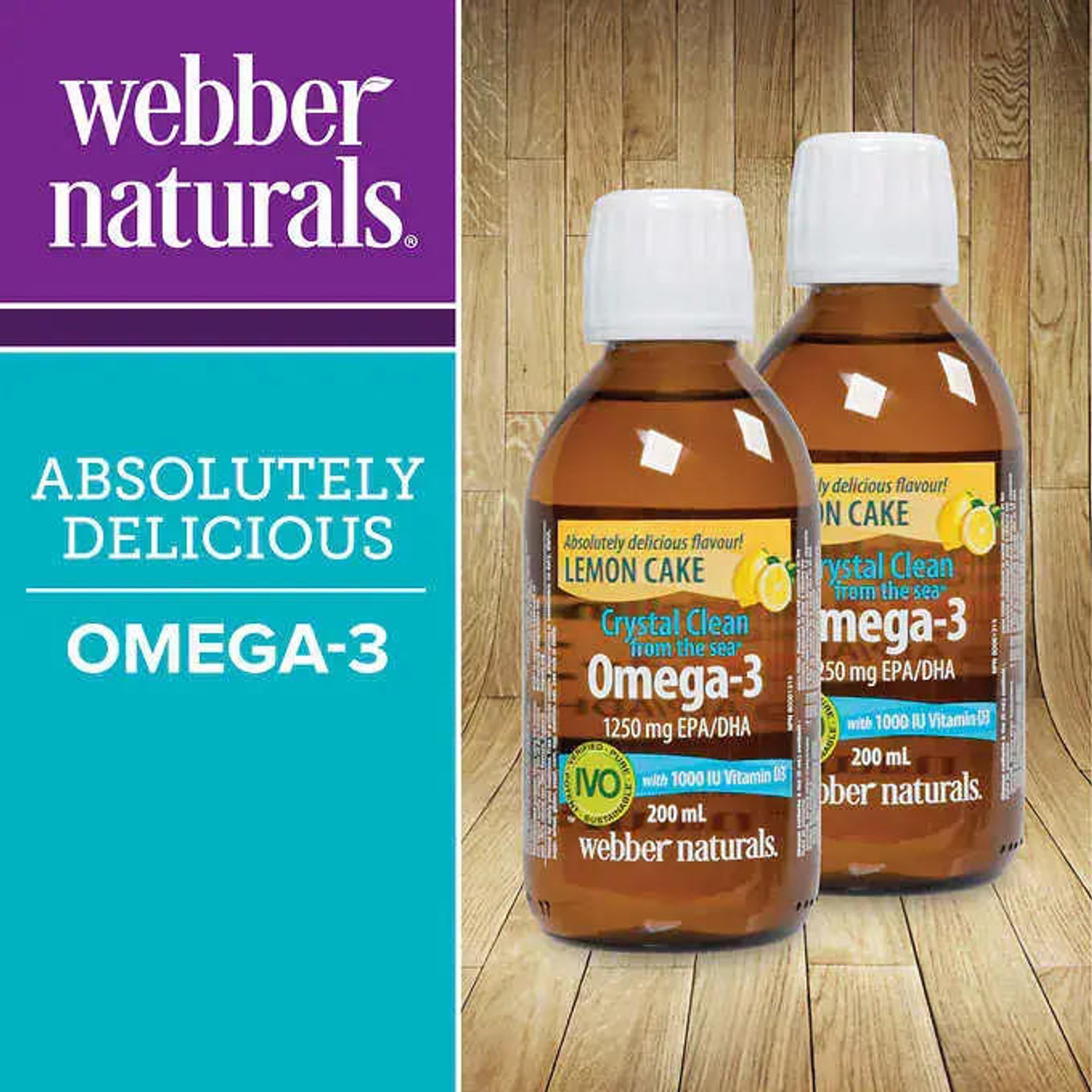 webber naturals Webber Naturals Crystal Clean from the Sea - Omega-3 Liquid 1250 mg EPA/DHA 1000 IU Vitamin D3 - 2 x 200 mL Lemon Cake Flavour | Nutrient-Rich Omega-3 & Vitamin D3 in Delicious Lemon Cake Taste 