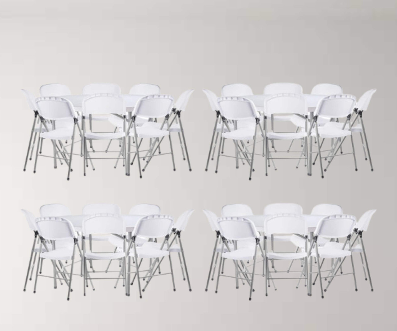 CP Round Granite White Heavy-Duty Blow Molded Plastic Folding Tables with 32 White Folding Chairs (4) 60" | Complete Seating Ensemble for Versatile Hosting- Chicken Pieces