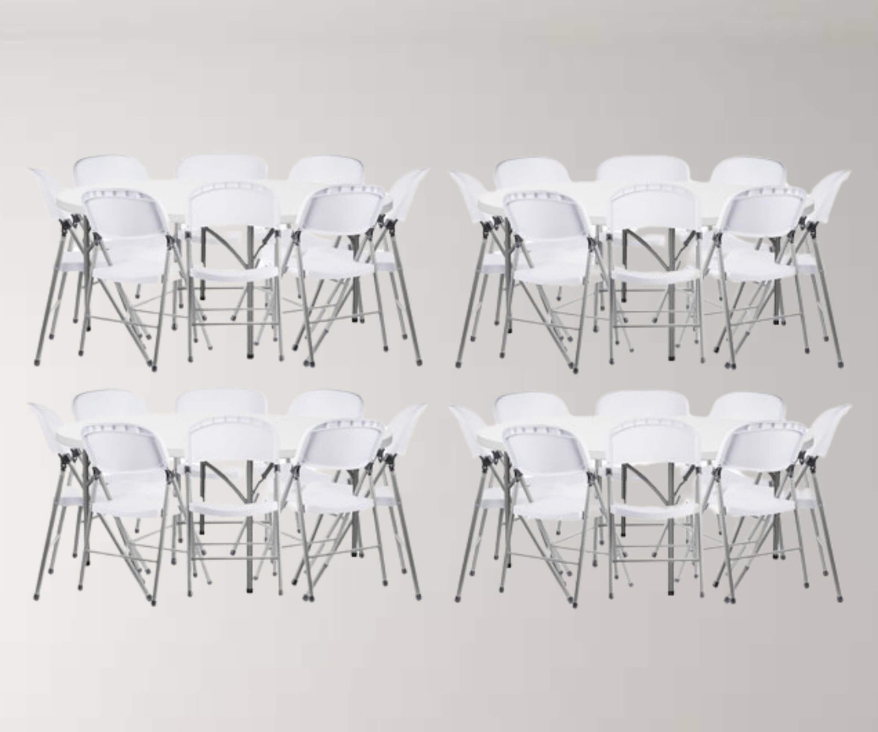 CP Round Granite White Heavy-Duty Blow Molded Plastic Folding Tables with 32 White Folding Chairs (4) 72"| Complete Seating Ensemble for Grand Events- Chicken Pieces