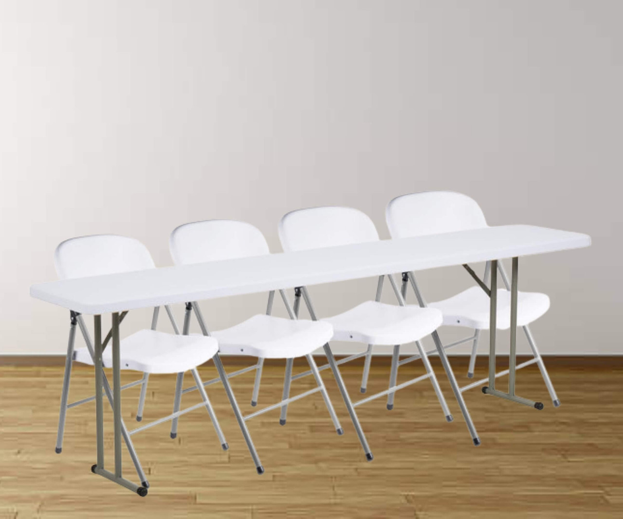 CP Granite White Heavy-Duty Blow Molded Plastic Folding Seminar Table with 4 White Folding Chairs 18" x 96"| Compact Seating Solution for Seminars and Meetings- Chicken Pieces