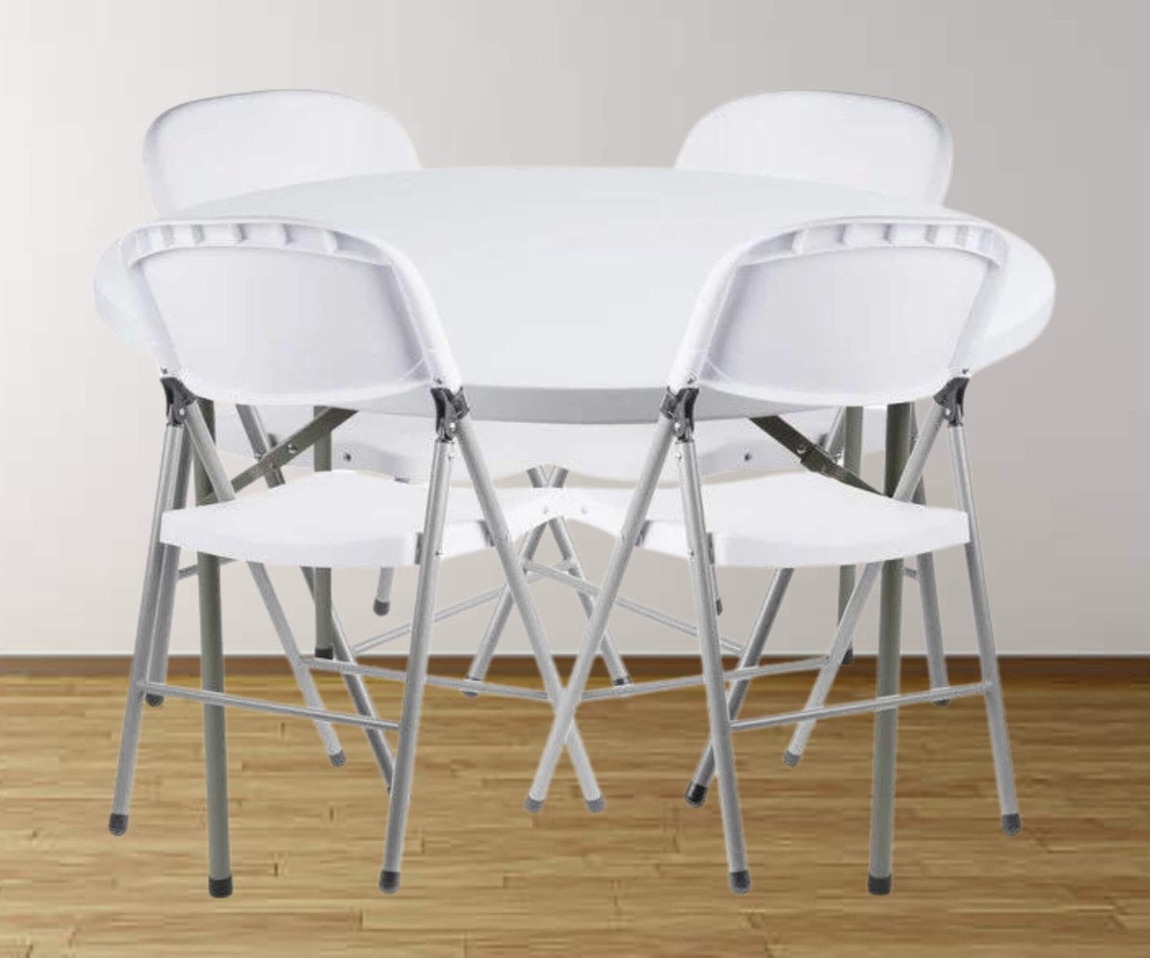 CP Round Granite White Heavy-Duty Blow Molded Plastic Folding Table with 4 White Folding Chairs 48"| Compact Seating Solution for Roundtable Events- Chicken Pieces
