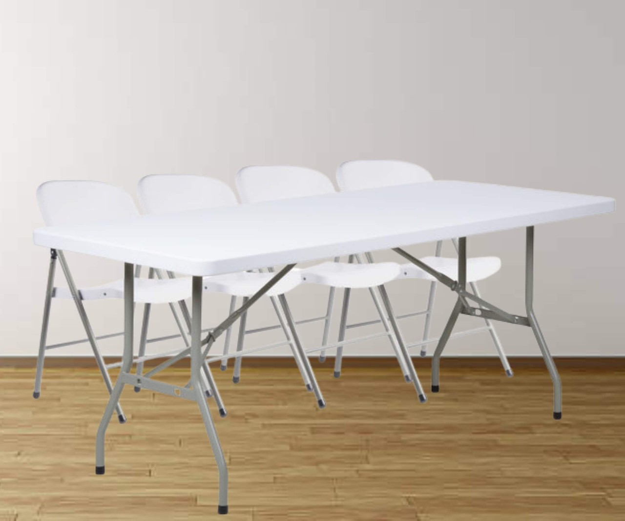 CP Granite White Heavy-Duty Blow Molded Plastic Folding Table with 4 White Folding Chairs 30" x 72"| Functional Seating Solution for Various Occasions- Chicken Pieces