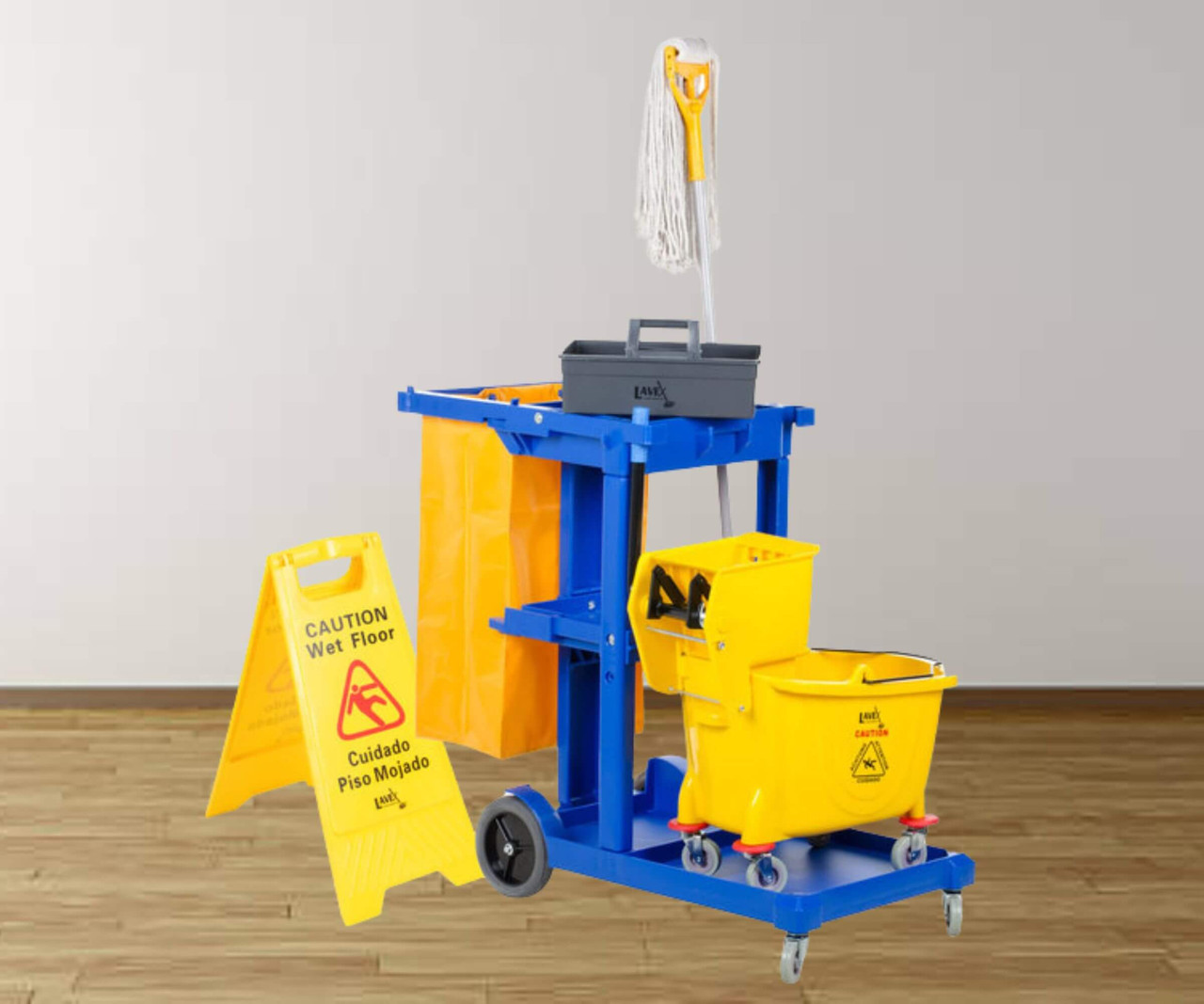 CP Janitorial Blue Cleaning Cart Kit with Yellow Mop Bucket, Wet Floor Sign, Mop, and Caddy | Comprehensive Cleaning and Maintenance Solution- Chicken Pieces