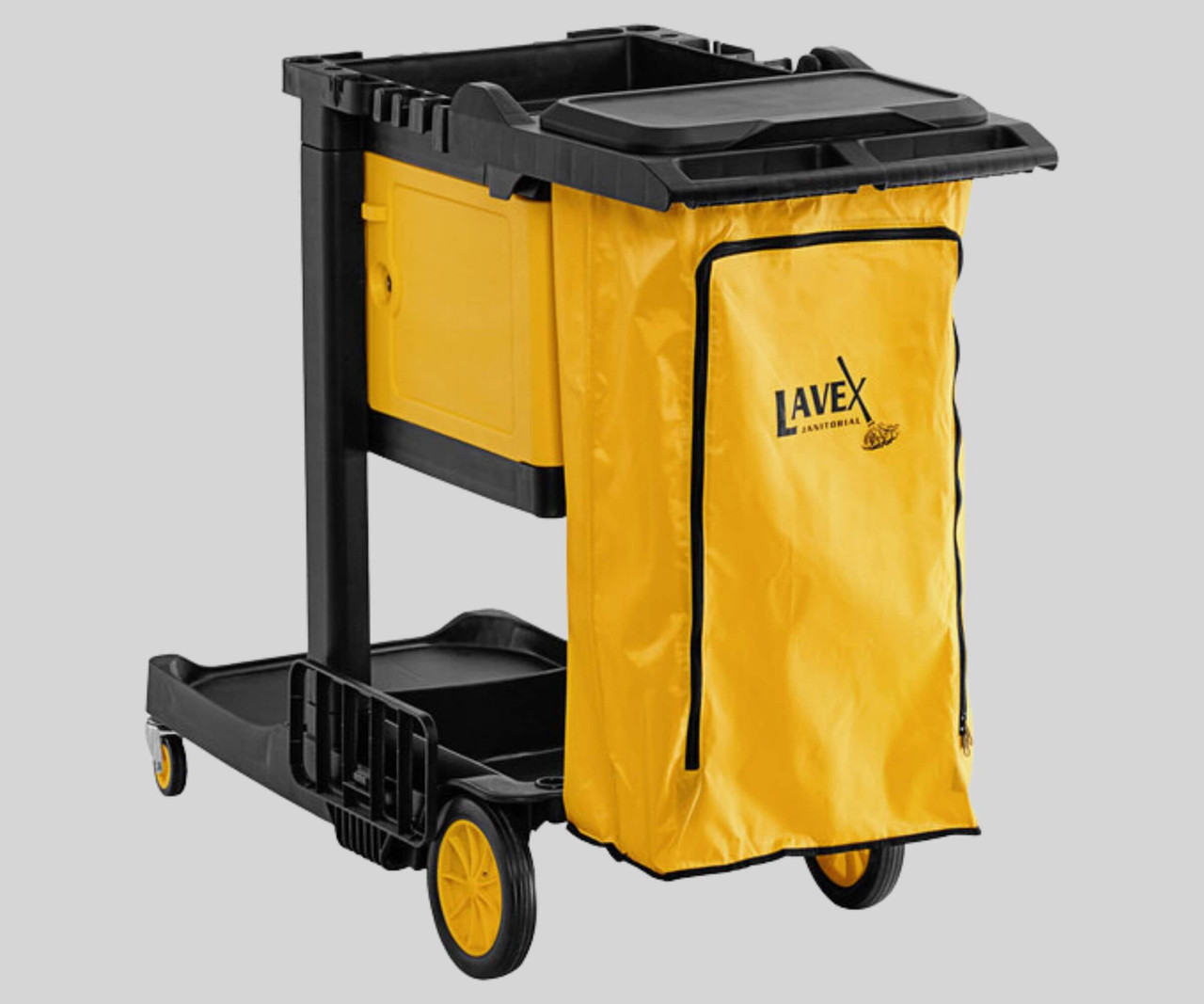 CP Janitorial Premium 3-Shelf Janitor Cart Kit with Yellow Zippered Bag, Lid, and Single Lock Box | Comprehensive Cleaning Solution with Enhanced Security- Chicken Pieces