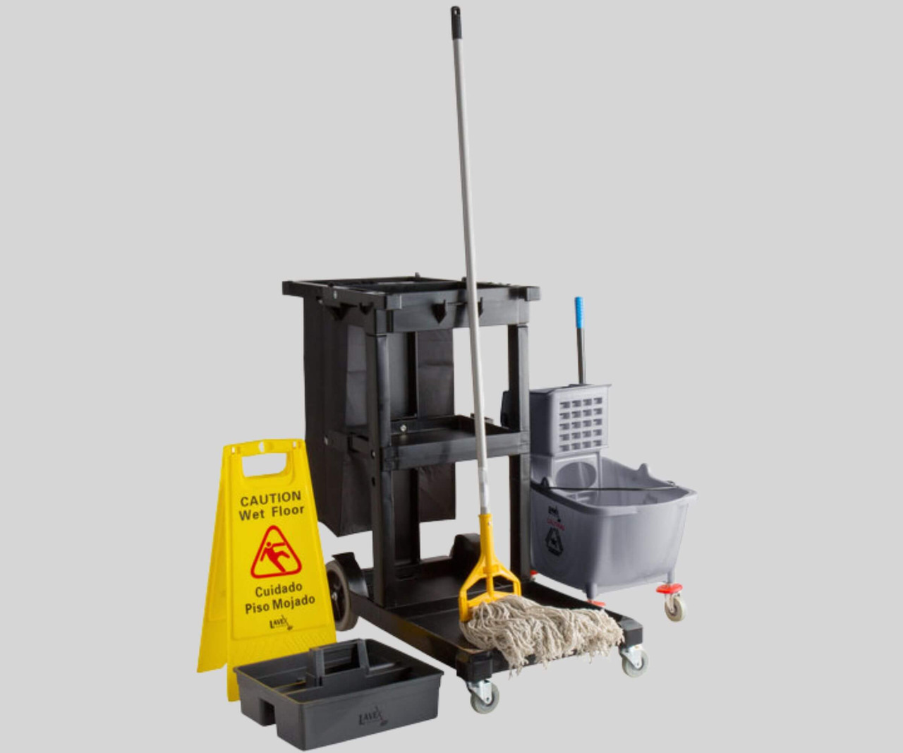 CP Janitorial Black Cleaning / Janitor Cart Kit with Gray Mop Bucket, Wet Floor Sign, Mop, and Caddy-Chicken Pieces