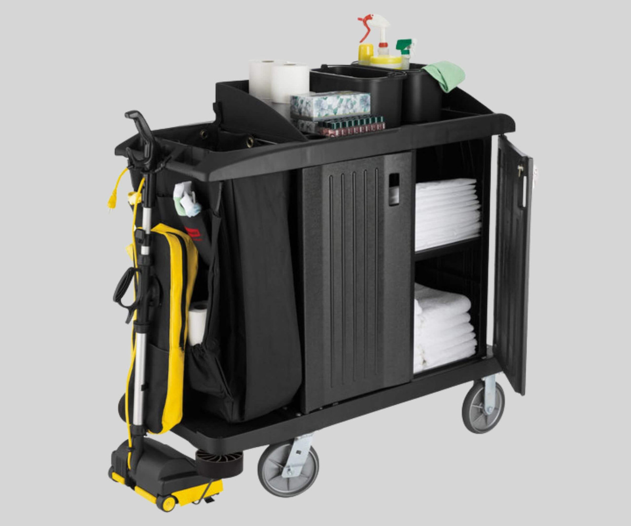 CP Janitorial Gray Cleaning Cart / Janitor Cart with 3 Shelves and Vinyl Bag - Efficient Cleaning and Organization-Chicken Pieces