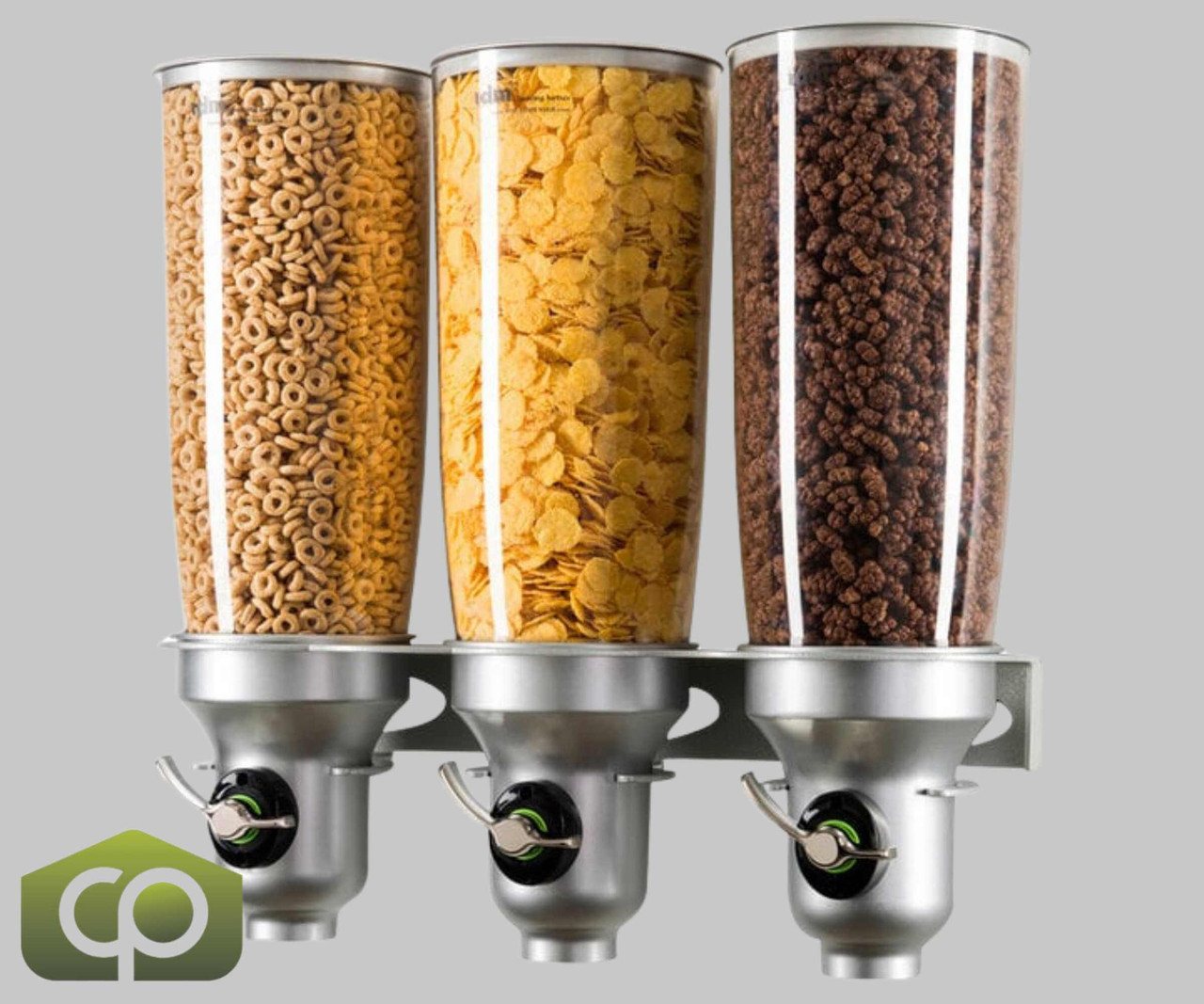 Cal-Mil Platinum Wall Mount Free Flow 5 Liter Triple Canister Cereal Dispenser - Space-Saving and Sleek Cereal Service