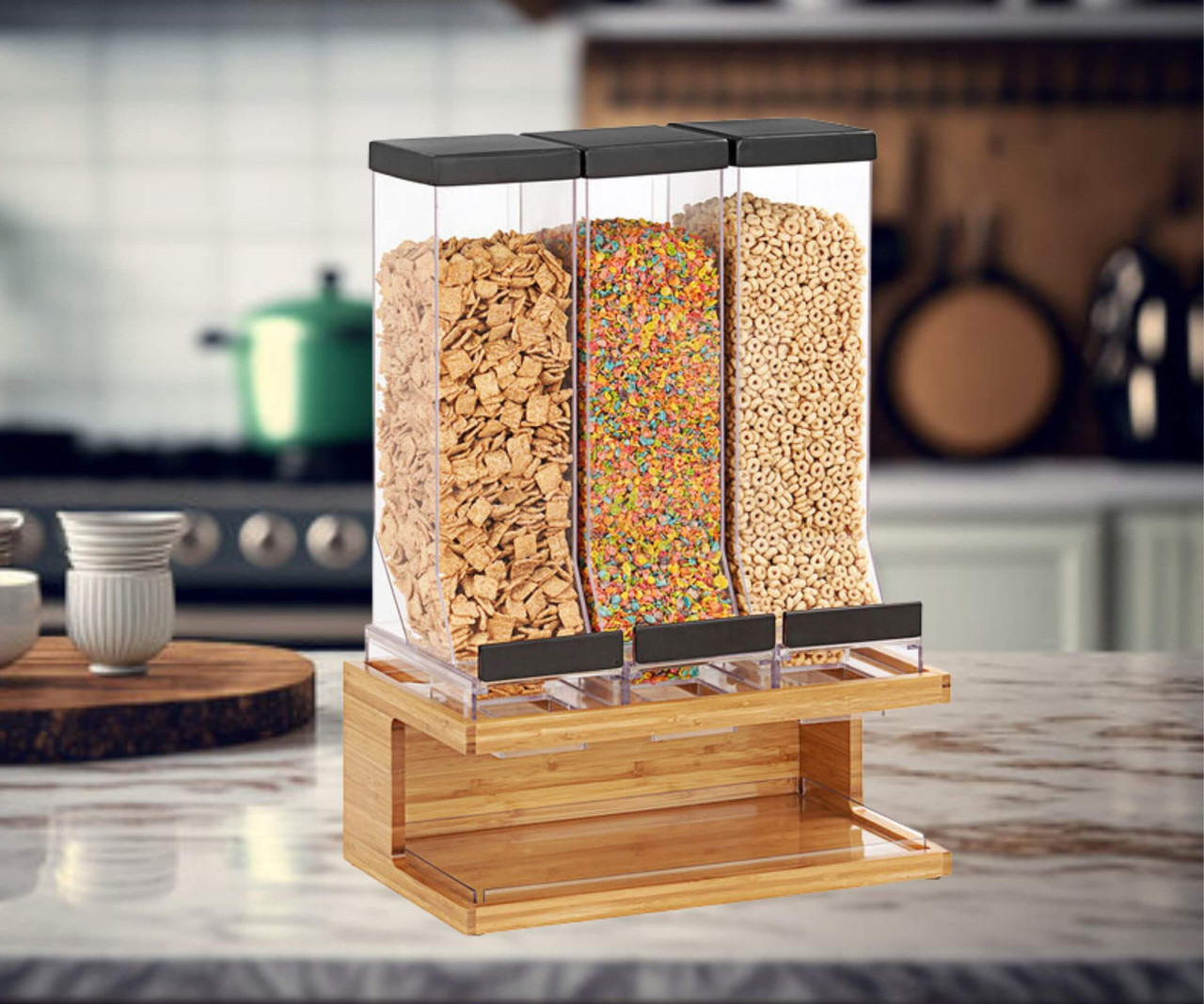 Cal-Mil Bamboo 17 1/4" x 9 1/2" x 23 1/2" Bamboo Wood Triple Canister Cereal Dispenser - Natural Elegance