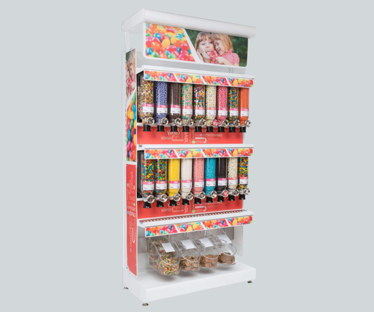 Rosseto Bulkshop 50" x 25 13/16" x 108" Free Standing Candy Merchandising Gondola with Canisters and Scoop Bins-Chicken Pieces