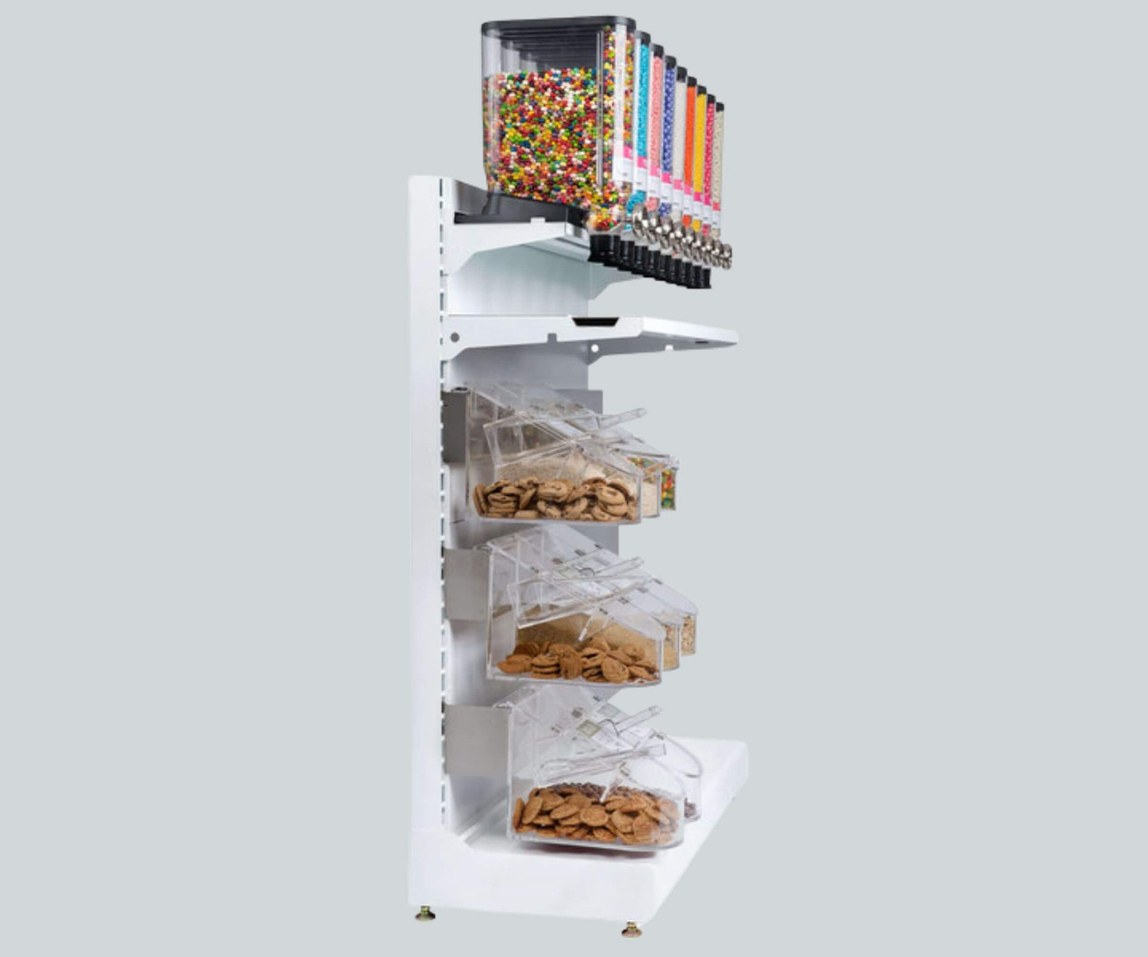 Rosseto Bulkshop 50" x 25 13/16" x 82" Free Standing Candy Gondola with Canisters and Scoop Bins-Chicken Pieces